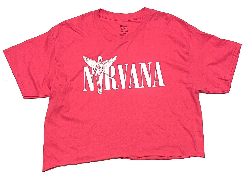 Nirvana Cropped Top Pink T-shirt Tee Size L Logo Grunge 90’s Band Tee Chop Belly